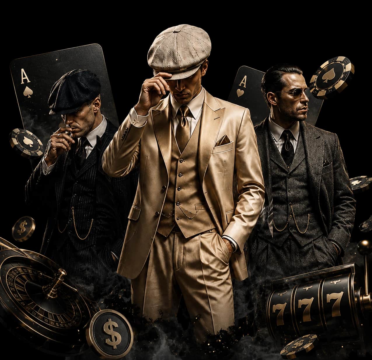 นักพนันสไตล์ Peaky Blinders ยืนอยู่หน้าบ่อนคาสิโน